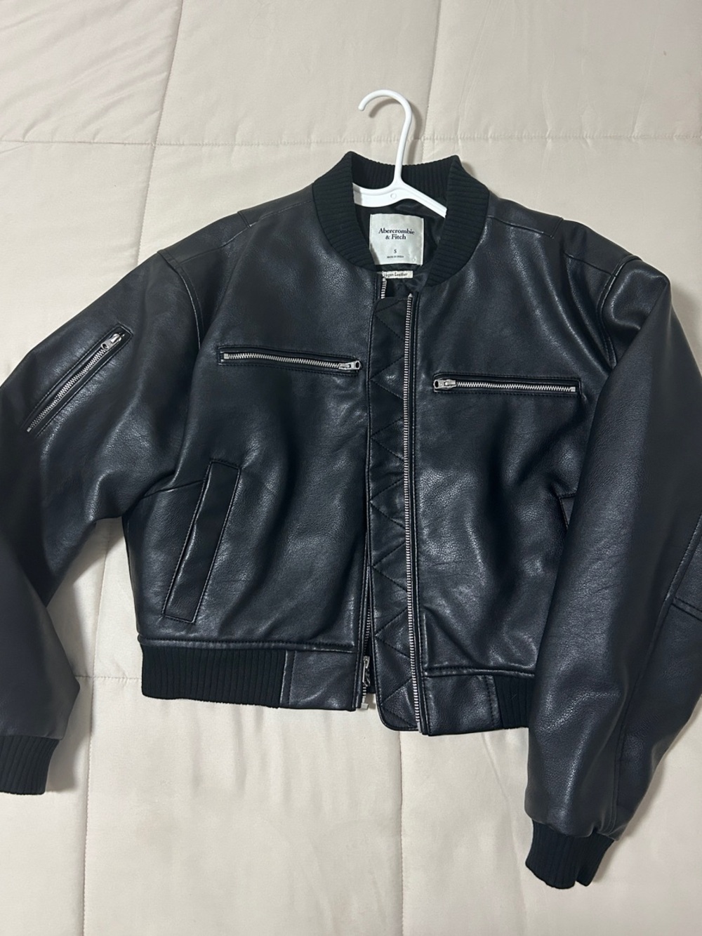 Abercrombie & Fitch Women's Black Faux Leather Bomber Jacket with Zip Pockets